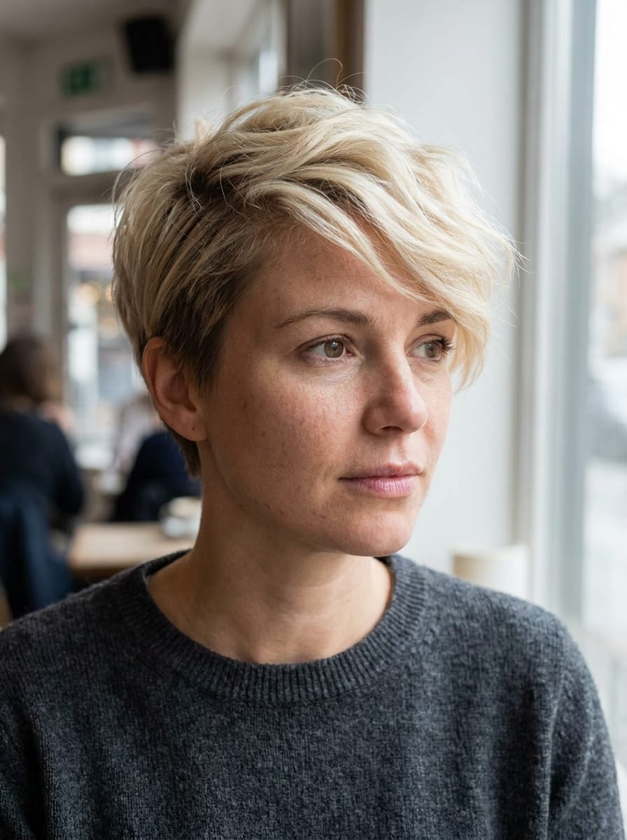 Blonder Pixie mit längerem Deckhaar - Blonde Kurzhaarfrisur